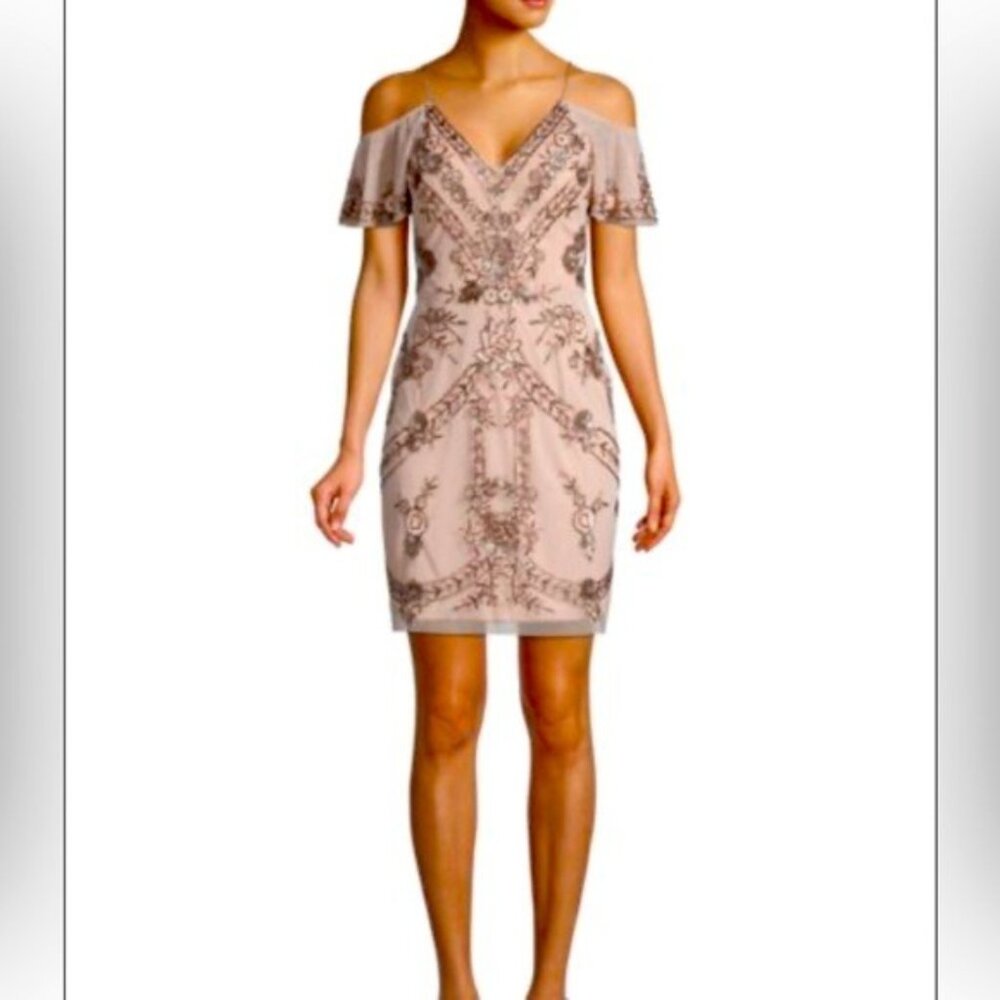 Aidan Mattox Women’s Beaded Floral Embellished Mini Dress cold shoulder cocktail